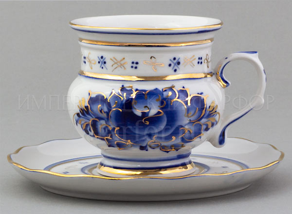 Cup and saucer tea Gzhel gold Dove
