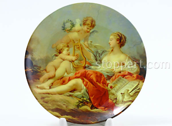 Decorative plate Boucher Francois Cupids and nymphs. Allegory of music. Harp