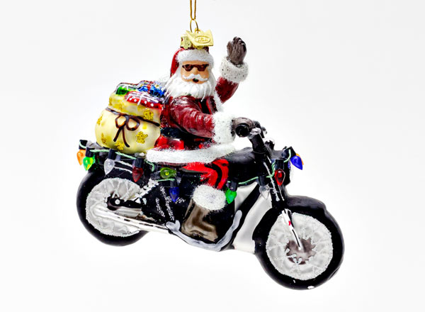 Елочная игрушка Дед Мороз на мотоцикле