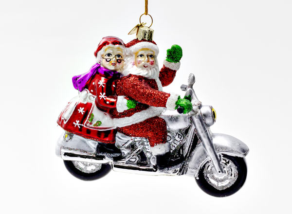 Елочная игрушка Дед Мороз на мотоцикле