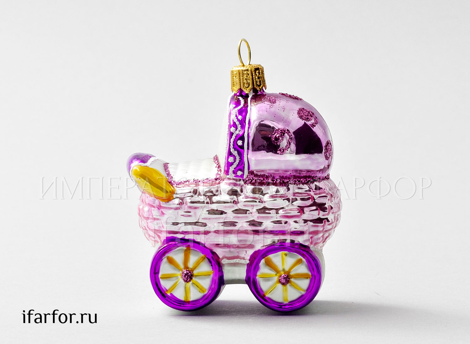 Елочная игрушка «Детская коляска розовая высокая»