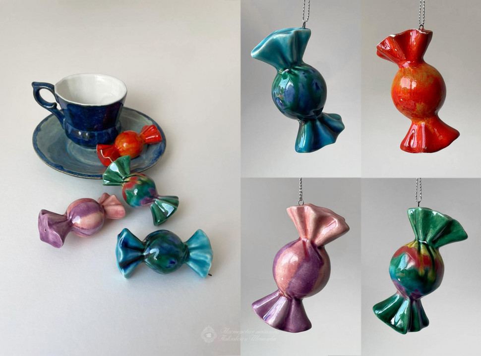 Елочная игрушка «Конфета» Форма: Конфета. Майолика. 80 x 40 мм.