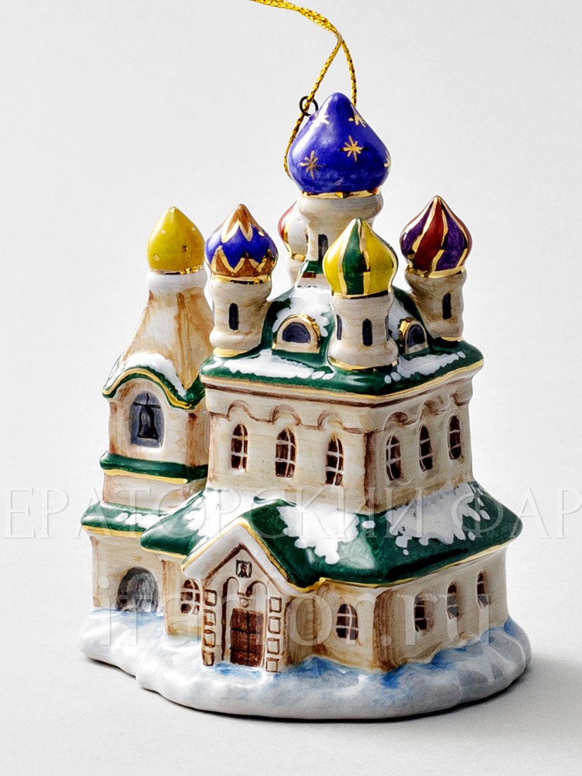Елочная игрушка «Церквушка» Форма: Церквушка. Майолика. 78 x 100 мм.