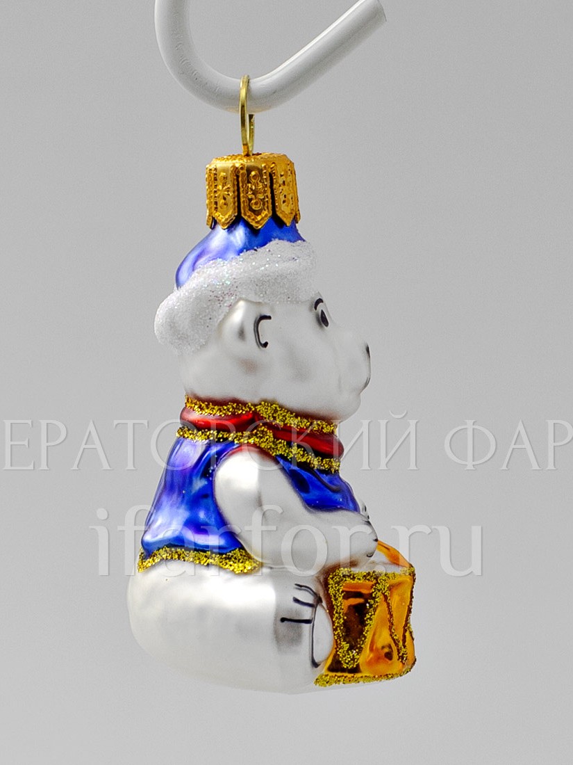 Елочная игрушка «Мишка с барабаном в голубой шапке» Стекло. 68 мм.