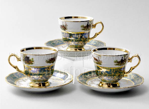 Набор чашек с блюдцами кофейный Охота Зеленая 6/12 STERNE PORCELAN