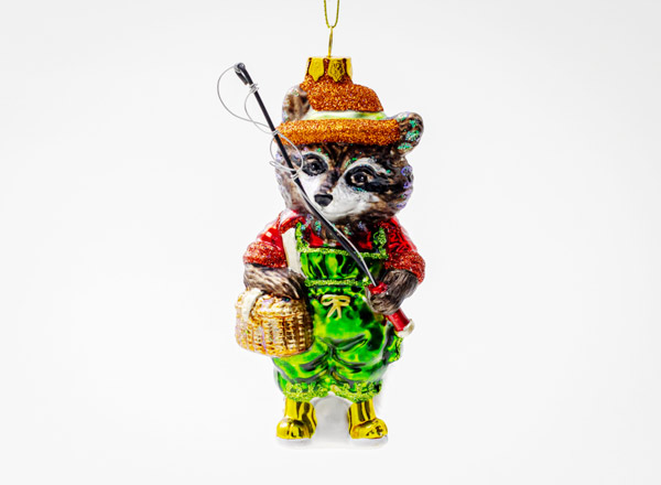 Christmas tree toy Raccoon with a fishing rod