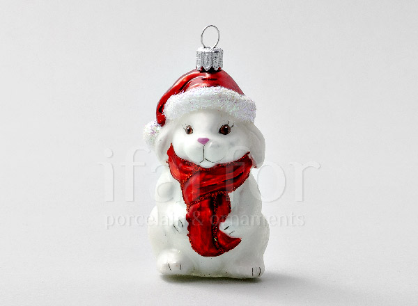 Christmas tree toy White rabbit wearing a Santa Claus hat