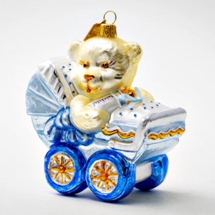 Елочная игрушка Мишка Тедди в голубой коляске