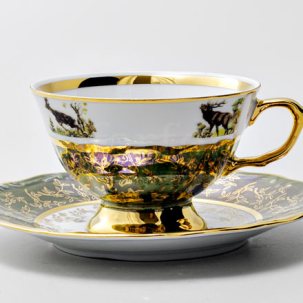 Чашка с блюдцем чайная Охота Зеленая 2 1/2 STERNE PORCELAN 220 мл.