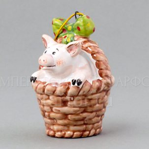 Елочная игрушка Поросенок в корзинке Поросенок в корзинке с зеленым бантом