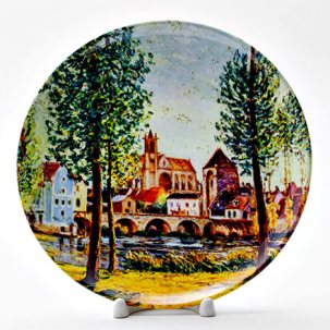 Декоративная тарелка Moret sur Loing Bridge church and mill Sun