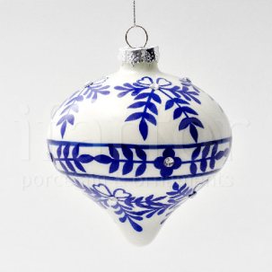 Елочная игрушка Капля Белая с синим орнаментом 100 x 98 x 120 мм.