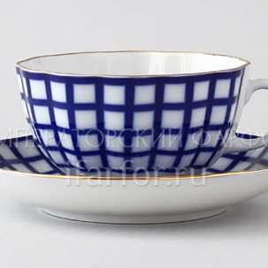 Чашка с блюдцем чайная Кобальтовая клетка 1/2 Тюльпан