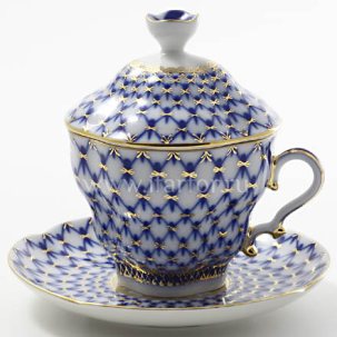 Чашка с блюдцем и крышкой чайный Кобальтовая сетка Подарочная-2