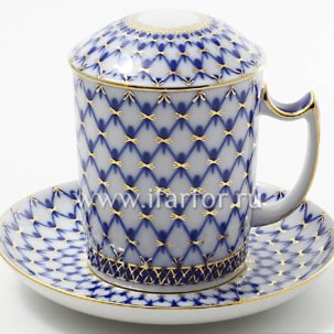 Бокал с блюдцем и крышкой Кобальтовая сетка Снежное утро