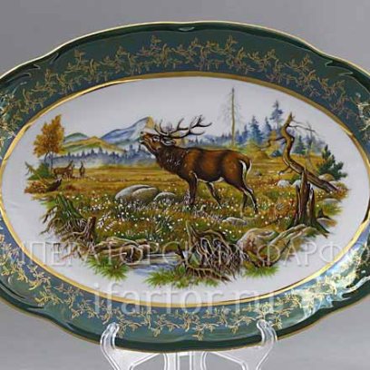 Блюдо овальное «Охота Зеленая» Форма: STERNE PORCELAN. Фарфор. 330 мм.