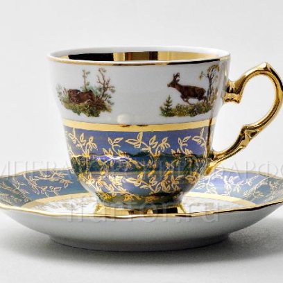 Чашка с блюдцем кофейная «Охота Зеленая» 1/2 Форма: STERNE PORCELAN. Фарфор. 140 мл.