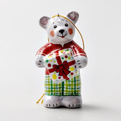 Елочная игрушка «Мишка с подарком» Форма: Мишка с подарком. Майолика. 50 x 85 мм.