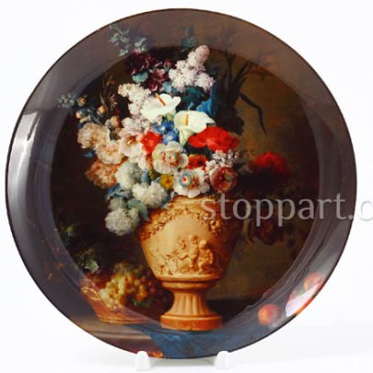 Декоративная тарелка Букет цветов в терракотовой вазе с персиками и виноградом