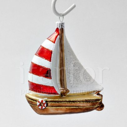 Елочная игрушка «Парусник полосатый красный»