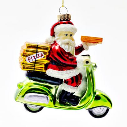Елочная игрушка Дед Мороз на самокате с пиццей