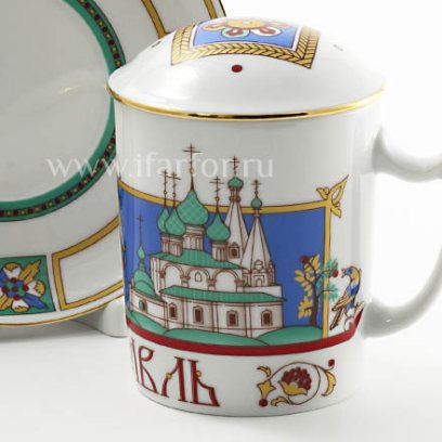 Бокал с блюдцем и крышкой «Ярославль» Форма: Снежное утро. Твердый фарфор. 380 мл.