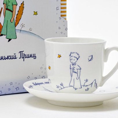 Чашка с блюдцем в подарочной коробке «Маленький Принц и Роза» 1/2 Форма: Ландыш. Тонкостенный костяной фарфор. 180 мл.