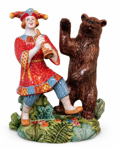 Скульптура «Скоморох с медведем» Майолика. 190 x 225 мм.