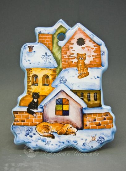Доска для сыра «Зимний город» Форма: Малая. Майолика. 150 x 190 мм.