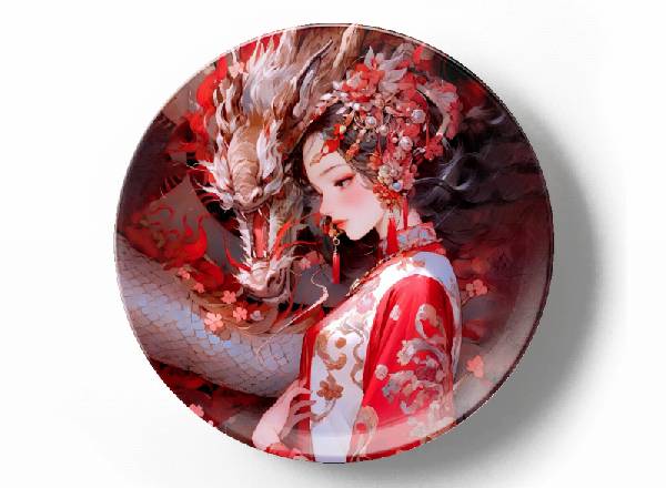 Дракон и девушка в красном платье