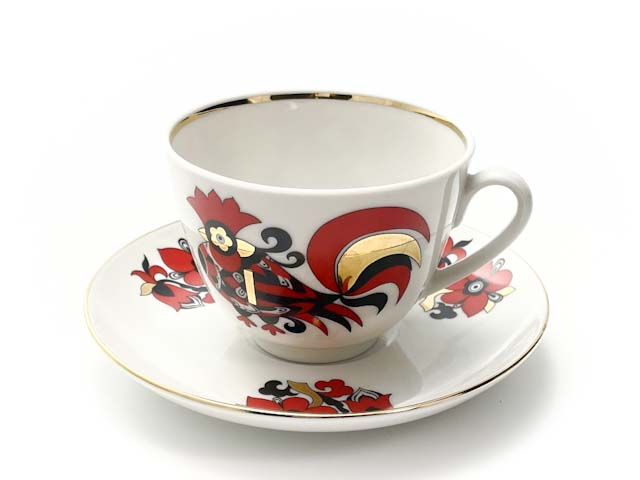 Чашка с блюдцем чайная «Красные петушки» 1/2