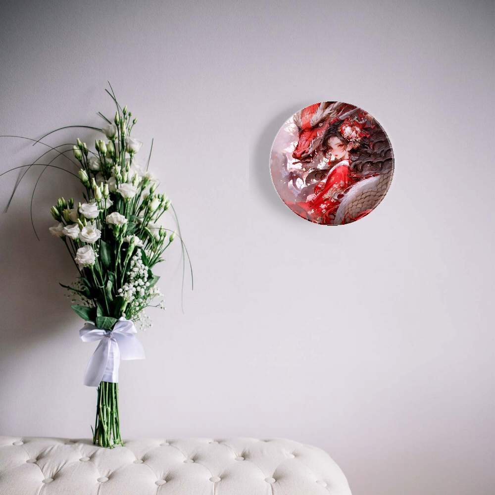 Красный дракон и девушка в красном цветочном платье