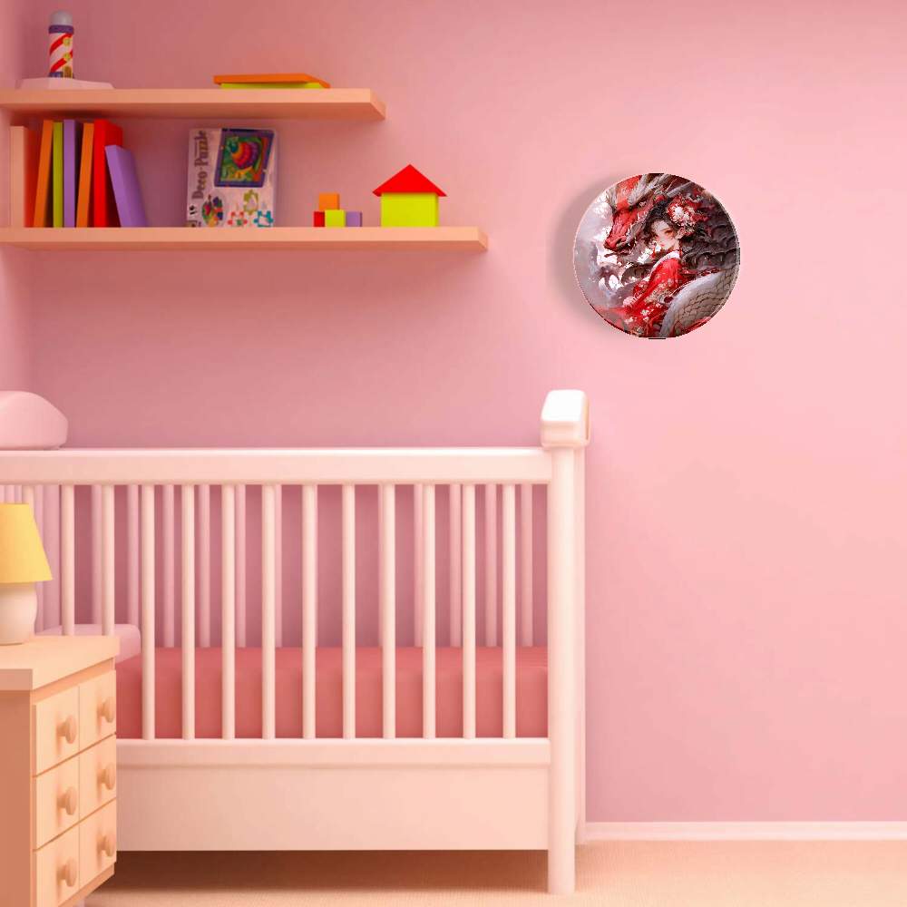 Красный дракон и девушка в красном цветочном платье