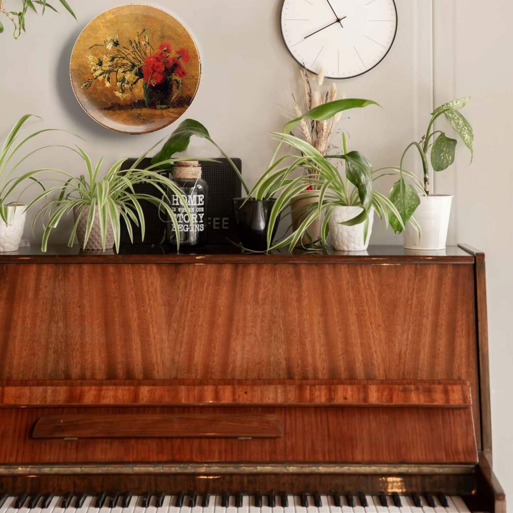 Ваза с красными и белыми гвоздиками на желтом фоне — Винсент Ван Гог