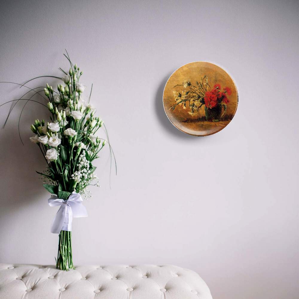 Ваза с красными и белыми гвоздиками на желтом фоне — Винсент Ван Гог