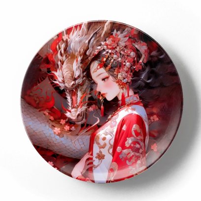 Дракон и девушка в красном платье