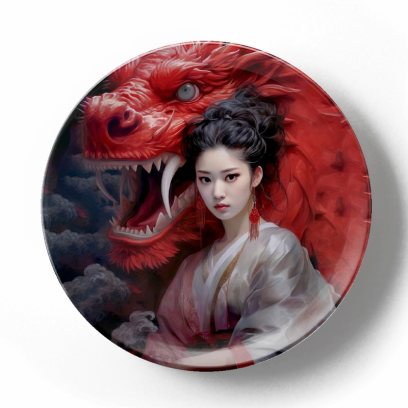 Красный дракон и девушка в белом платье