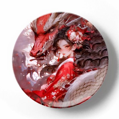 Красный дракон и девушка в красном цветочном платье